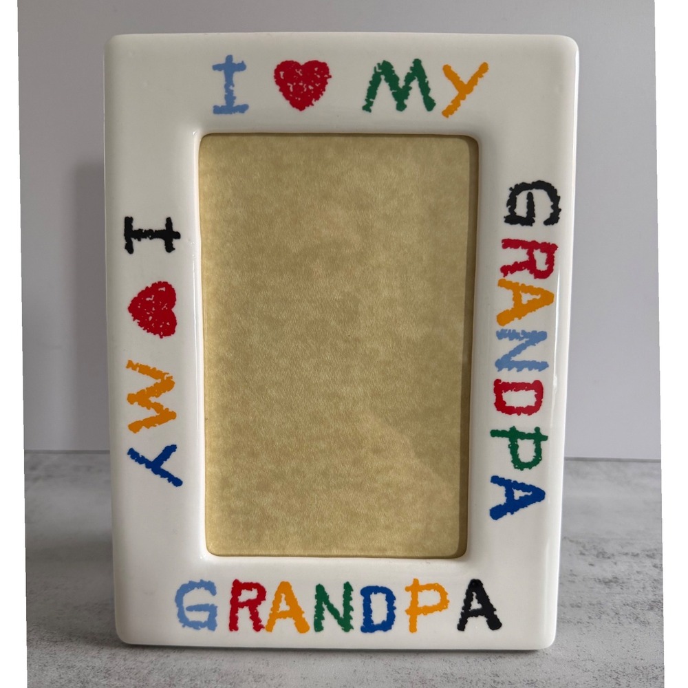 VTG White Ceramic I Love My Grandpa Picture Frame Colorful Crayon Font 4x6 Gift